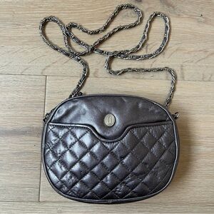 VINTAGE GANSON Mini Bag Purse Chrome QUILTED & CHAIN STRAP Shoulder Excellent C.
